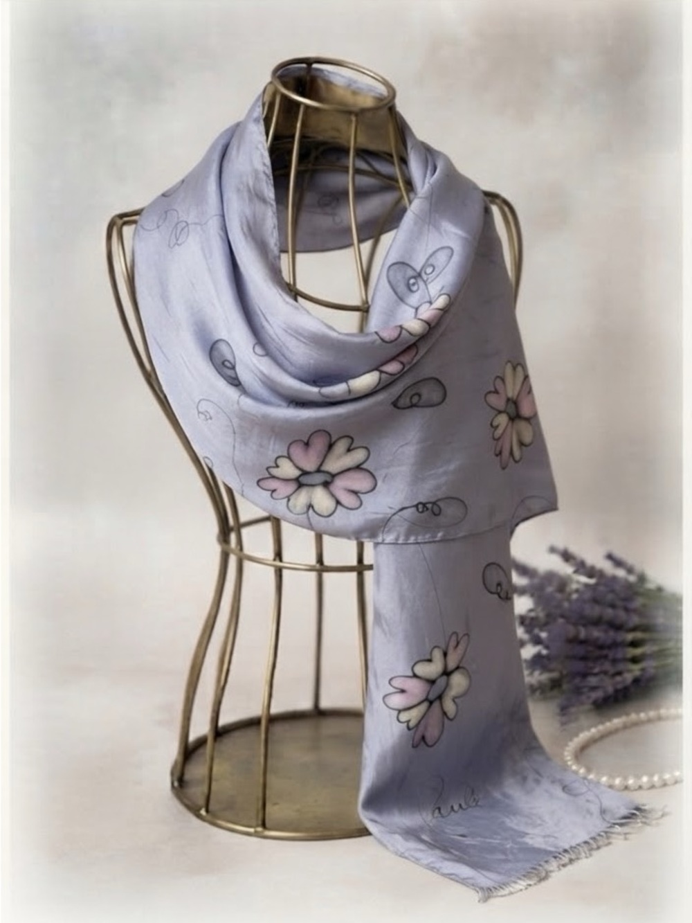 Vintage Hand-Painted Silk Scarf Signed "Paule" Floral Pastel Long Fringe